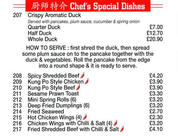 Ho Ho Chinese, Heathway, Dagenham, Chef's Specials